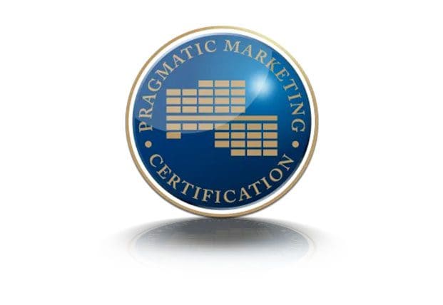 A blue and gold badge with words " pragmatic marketing certification ".