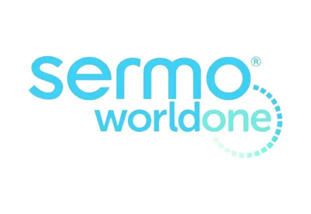 A blue and white logo for sermo world one.