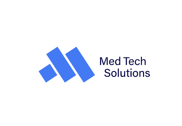 A blue and white logo of med tech solutions